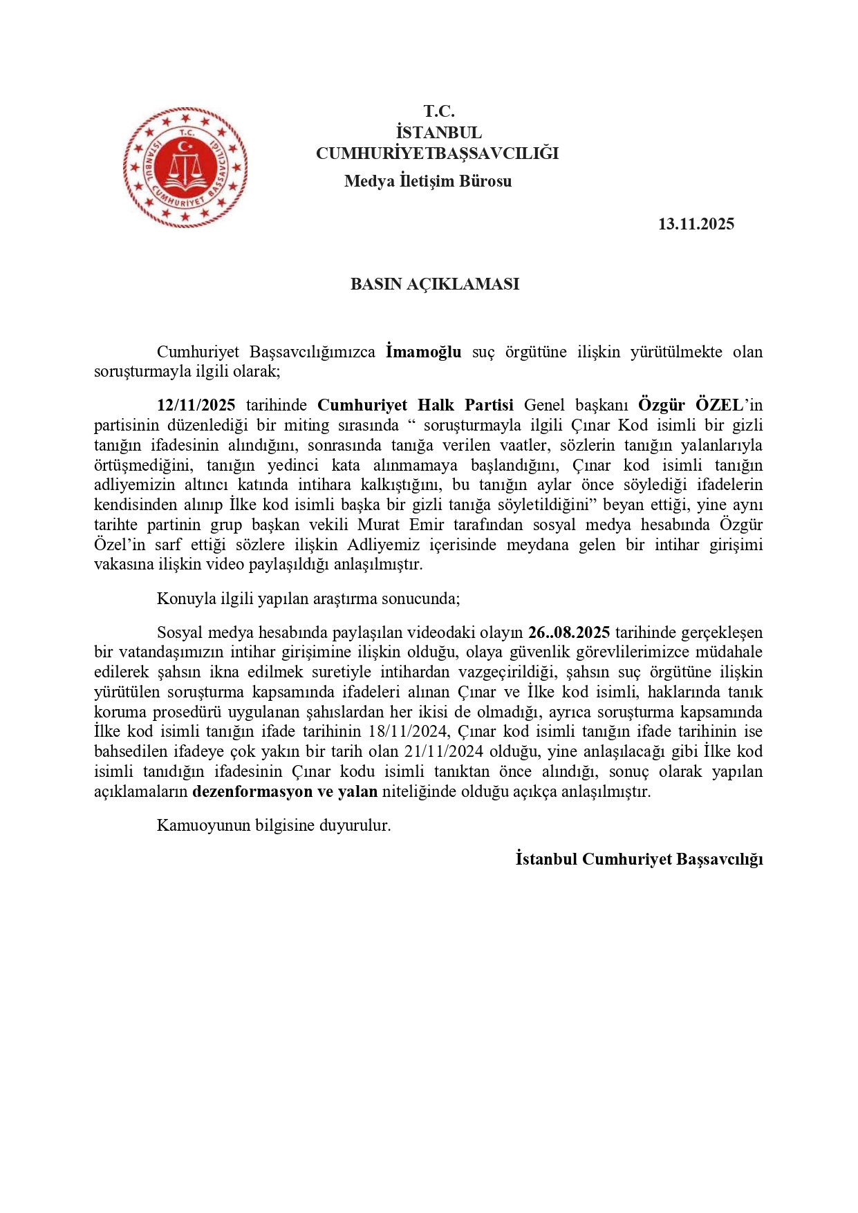 Özgür Özel’in Gizli Tanık İddialarına Başsavcılıktan Net Yanıt: Açıklamalar Dezenformasyon ve Yalan Niteliğindedir
