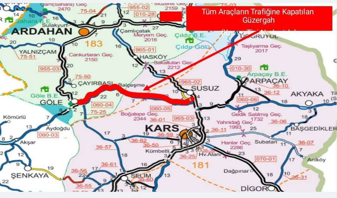 Susuz-Boğatepe-Göle Devlet Yolu Tüm Araç Trafiğine Kapatıldı