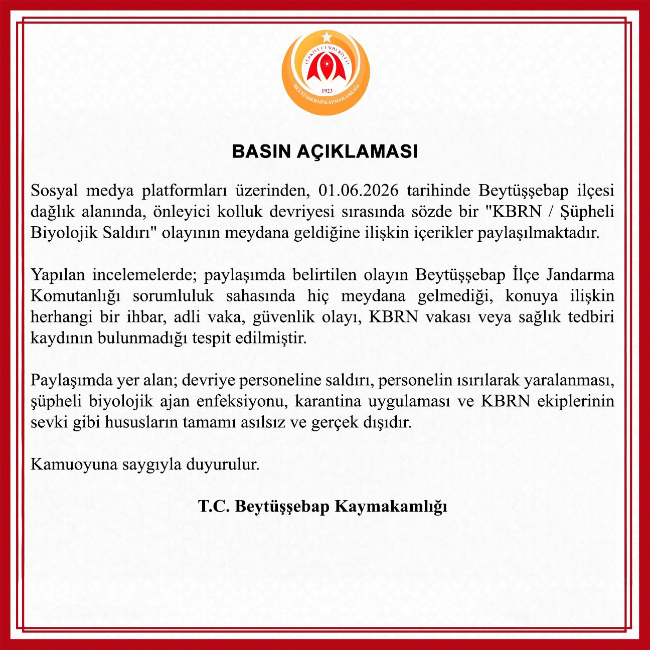 Şırnak Beytüşşebap Kaymakamlığı’ndan ‘Şüpheli Biyolojik Saldırı’ İddialarına Yalanlama